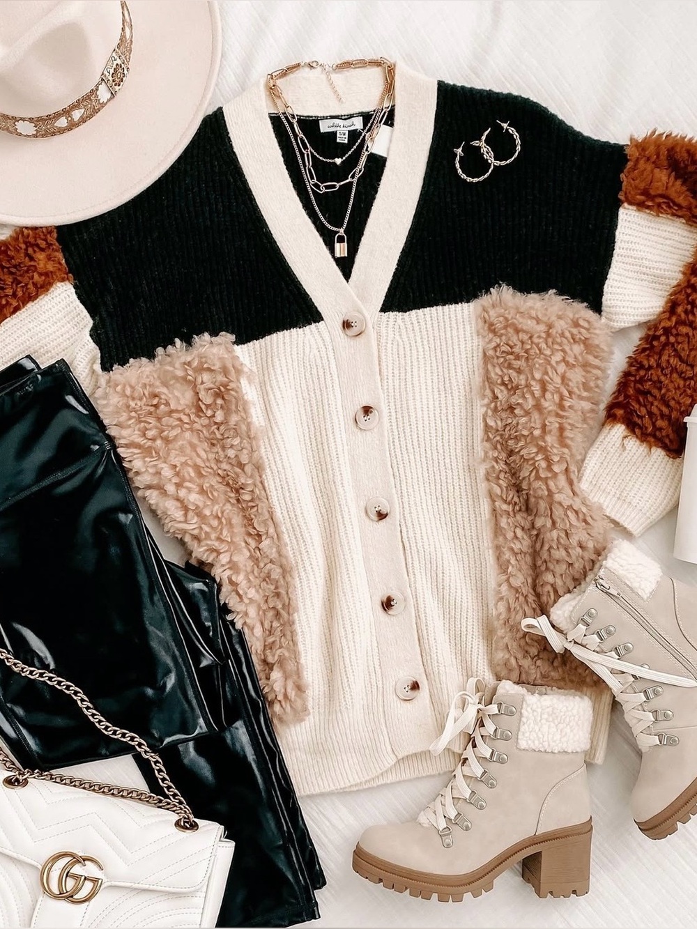 White Birch oversized chunky knit faux-fur patchwork button front cardigan S/M